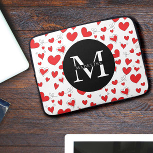Monogram Name Modern Cute Red Heart Pattern Laptop Sleeve