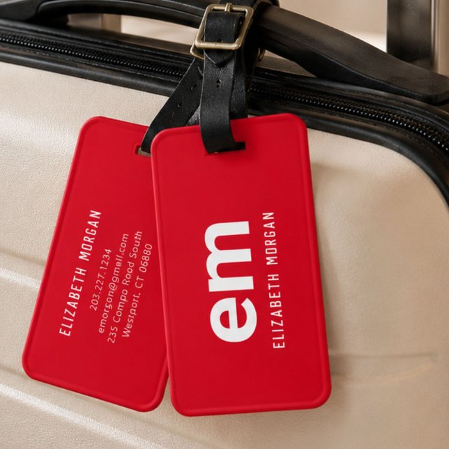 Monogram Name Modern Minimal Red Luggage Tag (Creator Uploaded)