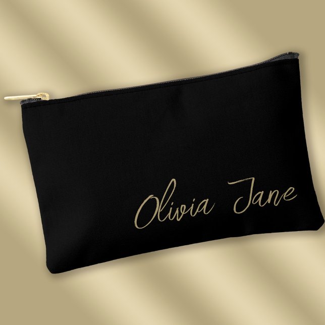 Monogram Name Modern Minimalist Gold Black Accessory Pouch (Stylishly Personalize with Your Custom Name.)
