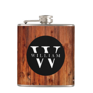 Monogram Name Modern Rustic Wood White Classy Hip Flask