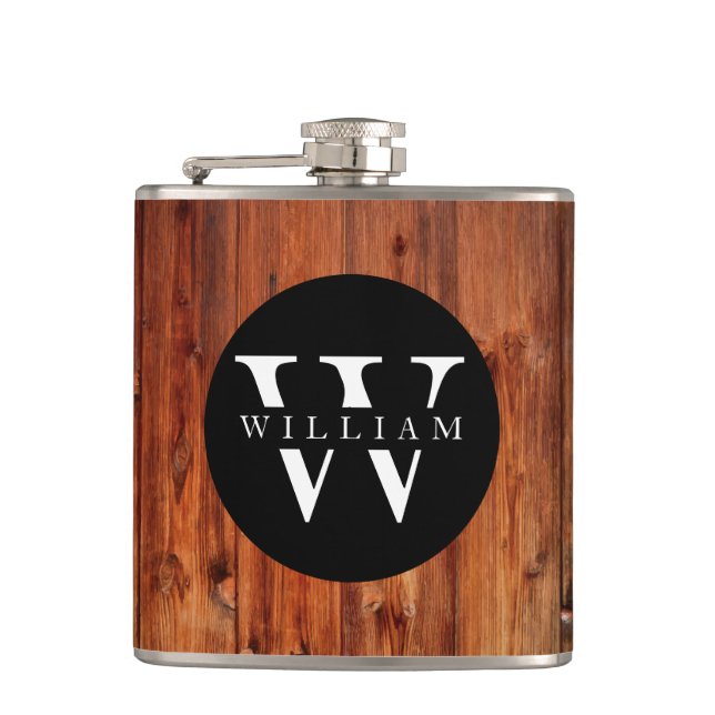 Monogram Name Modern Rustic Wood White Classy Hip Flask (Front)