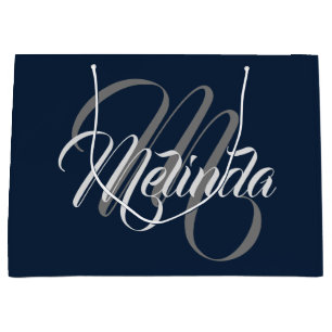 Monogram Name Modern Simply Bridal Gray Navy Large Gift Bag