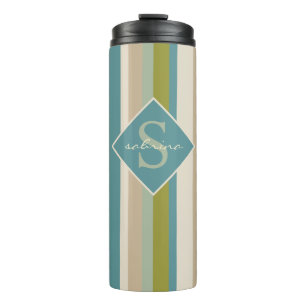 Monogram & Name Modern Teal Olive Stripes Pattern Thermal Tumbler