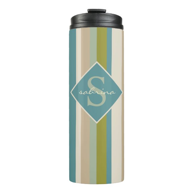 Monogram & Name Modern Teal Olive Stripes Pattern Thermal Tumbler (Front)