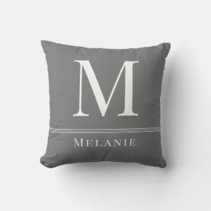 Monogram Name Modern Typography Grey White Peach Throw Pillow
