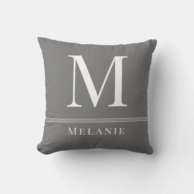 Monogram Name Modern Typography Grey White Peach Throw Pillow (Front)