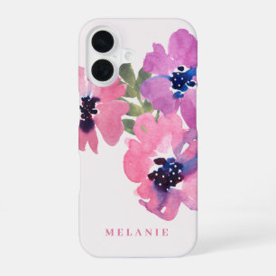 Monogram Name Modern Watercolor Pink Floral iPhone 16 Case
