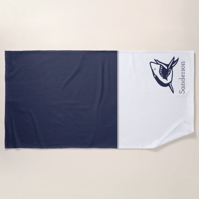 Monogram Name Nautical Shark Navy Blue | white  Beach Towel (Front)