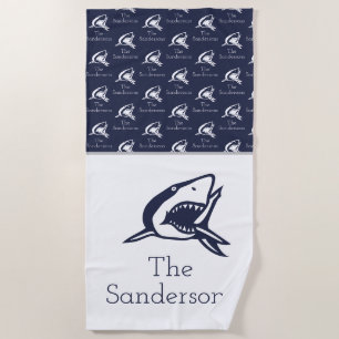 Monogram Name Nautical Shark Navy Blue white Beach Towel
