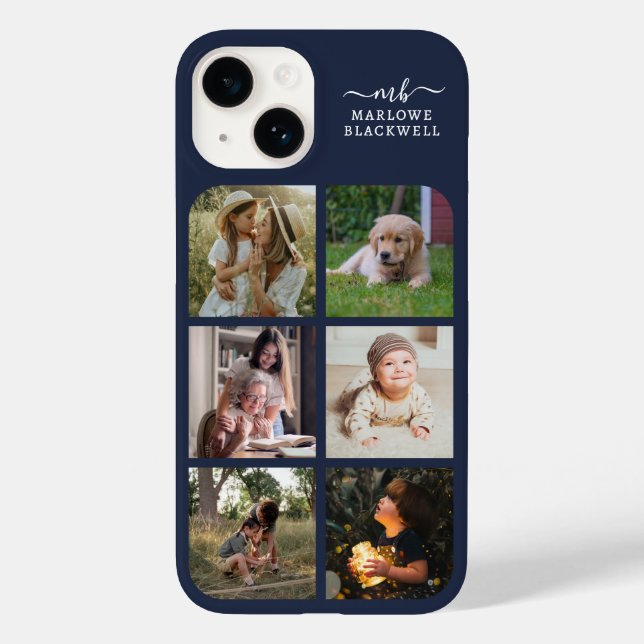Monogram Name Navy Blue 6 Photo Collage Case-Mate iPhone Case (Back)