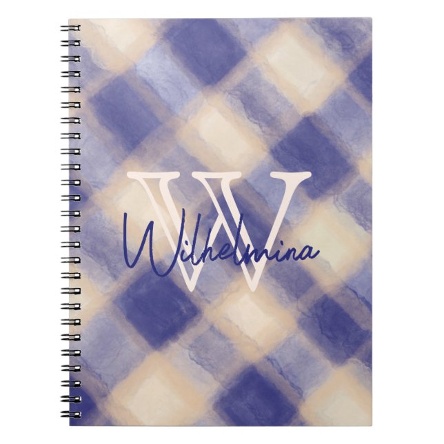 Monogram name navy blue cream gingham tartan plaid notebook (Front)
