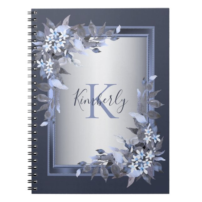 Monogram Name Navy Blue Floral Silver Grey Elegant Notebook (Front)