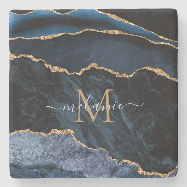Monogram Name Navy Blue Gold Marble Stone Coaster (Front)