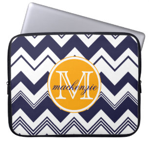 Monogram Name Navy Blue White Chevron Pattern Laptop Sleeve