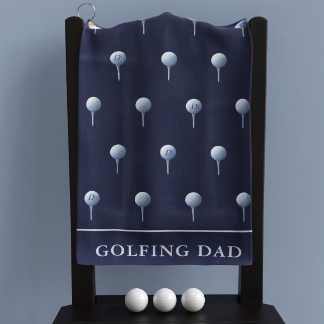 Monogram Name Navy Blue White Tee Pattern Golfer Golf Towel (Perfect golf towel for your golfing dad or mom. Just add their name and initial to the golf balls)