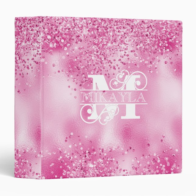 Monogram & Name on Faux Fuchsia Foil & Glitter Binder (Front/Spine)