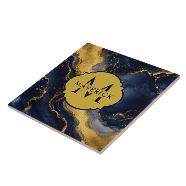 Monogram Name on NavyGold Abstract Marble FluidArt Tile (Side)