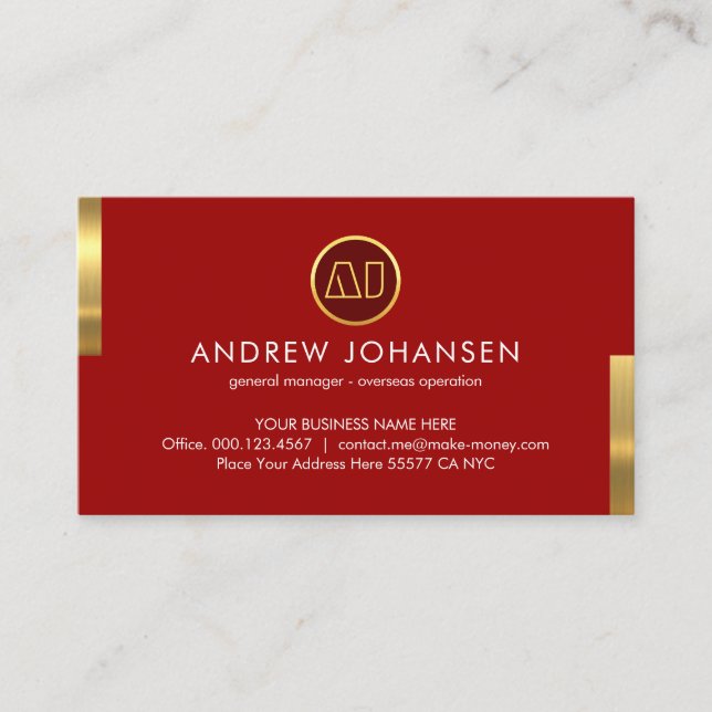 Monogram Name On Stunning Red Gold Tabs Business Card (Front)