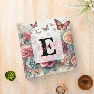 Monogram name on vintage watercolor flowers binder