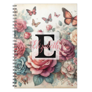 Monogram name on vintage watercolor flowers notebook
