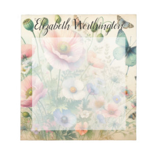 Monogram name on vintage watercolor flowers notepad