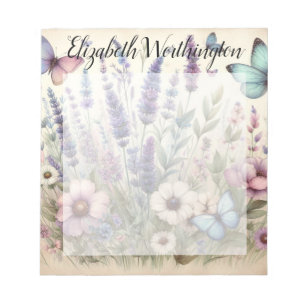 Monogram name on vintage watercolor flowers notepad
