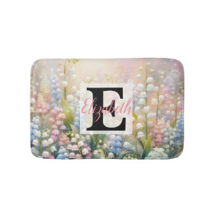 Monogram name on watercolor Flowers in pastels Bath Mat