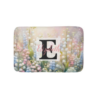 Monogram name on watercolor Flowers in pastels Bath Mat
