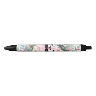 Monogram name on watercolor Flowers in pastels  Black Ink Pen