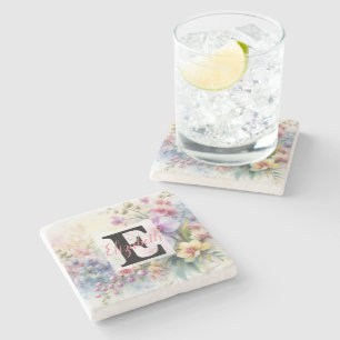 Monogram name on watercolor Flowers in pastels Stone Coaster