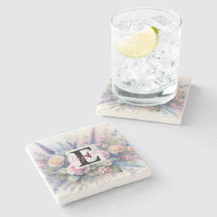 Monogram name on watercolor Flowers in pastels Stone Coaster