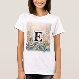 Monogram name on watercolor Flowers in pastels  T-Shirt