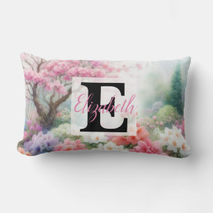 Monogram name on watercolor Flowers in pastels Th Lumbar Pillow