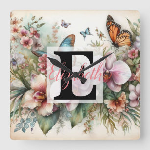 Monogram name on watercolor Flowers in pastels  Th Square Wall Clock