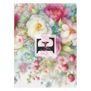 Monogram name on watercolor Flowers in pastels  Th Tablecloth