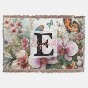 Monogram name on watercolor Flowers in pastels Th Throw Blanket