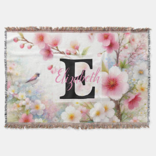 Monogram name on watercolor Flowers in pastels Th Throw Blanket