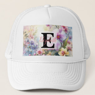 Monogram name on watercolor Flowers in pastels  Trucker Hat