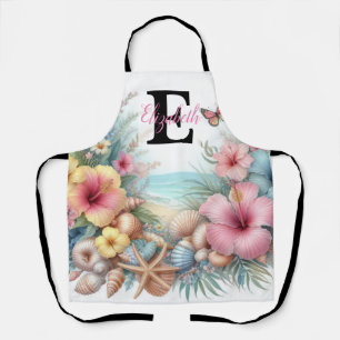 Monogram name on watercolor Flowers sea seashells  Apron