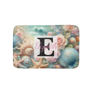 Monogram name on watercolor Flowers sea seashells Bath Mat