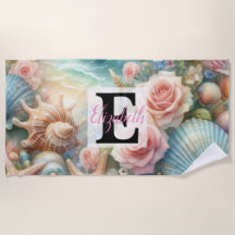 Monogram name on watercolor Flowers sea seashells