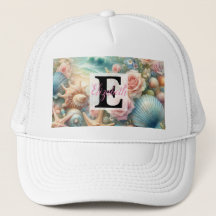 Monogram name on watercolor Flowers sea seashells
