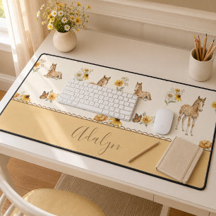 Monogram Name Orange Horse Wildflower Pattern  Desk Mat