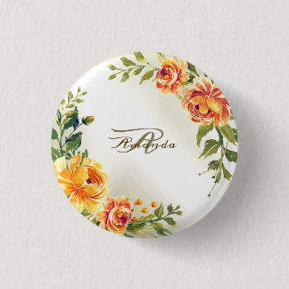 Monogram Name Orange Yellow Floral Greenery Modern 1 Inch Round Button
