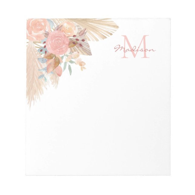 Monogram Name Pampas Grass Floral Notepad (Front)