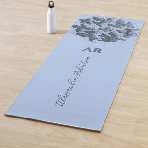 Monogram Name Pastel Blue Gray Birds Butterflies Yoga Mat