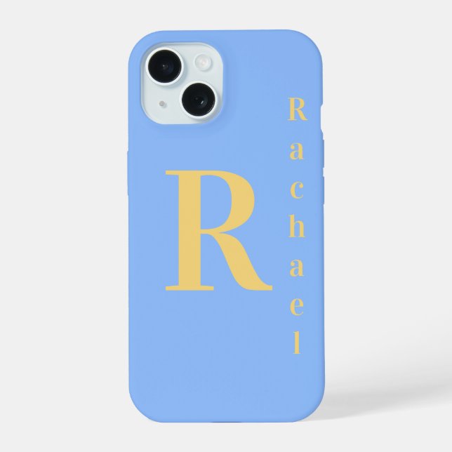 Monogram Name Pastel Blue iPhone 15 Case (Back)