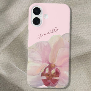 Monogram Name Pastel Pink Floral Orchid Elegant  iPhone 16 Case