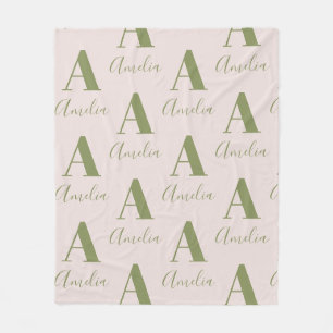 Monogram Name Pattern Olive Green Fleece Blanket