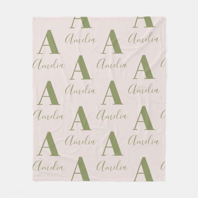 Monogram Name Pattern Olive Green Fleece Blanket (Front)